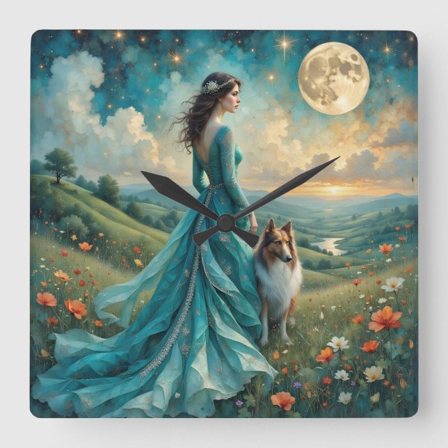 Horloge Carrée Femme en Robe Turquoise et Sable Rough Collie (Recto)
