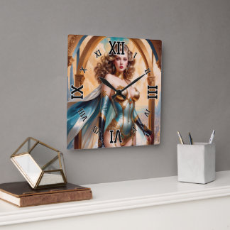 Horloge Carrée Femme en tenue opulente d'or et de turquoise par X