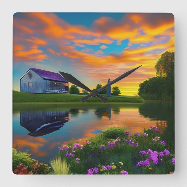 Horloge Carrée Ferme Purple Roof Pond à Sunrise (Recto)