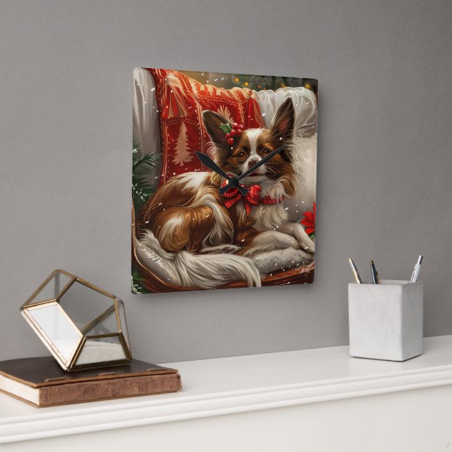Horloge Carrée Fête de Noël de chien de Papillon (Bureau)