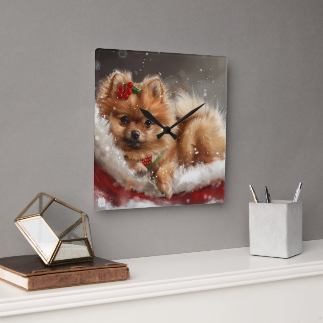 Horloge Carrée Fête de Noël de Chien de Poméranie (Bureau)