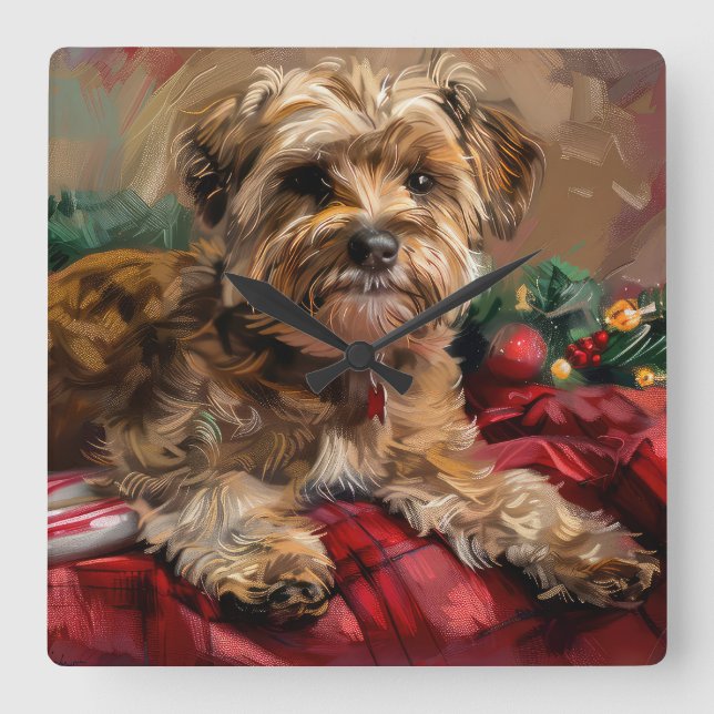 Horloge Carrée Fête de Noël de Chien Yorkipoo (Recto)