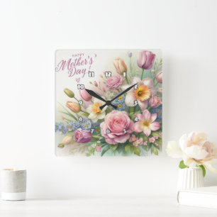 Horloge Carrée Fête des mères : Bouquet de fleurs du printemps