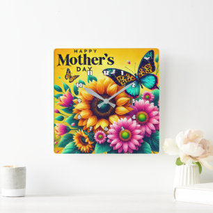 Horloge Carrée Fête des mères : Fleurs de soleil, Papillons, Joie