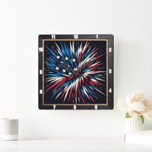 Horloge Carrée Feu d'artifice Patriotique Rouge Blanc Bleu
