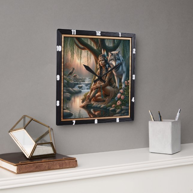 Horloge Carrée Feu sacré autochtone : Pierres Esprit Calme (Bureau)