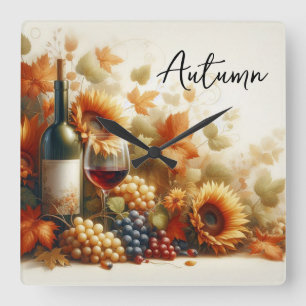 Horloge Carrée Feuillage d'automne, tournesol, vin et raisin