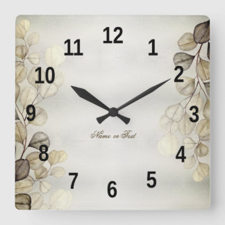 Horloge Carrée Feuillage d'eucalyptus doré aquarelle brillant élé