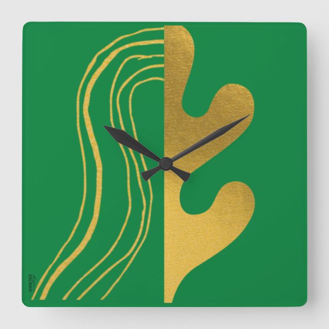 Horloge Carrée Feuille Abstraite Gold Green moderne (Recto)