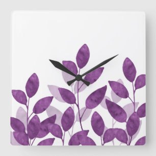 Horloge Carrée Feuille d'aquarelle de prune