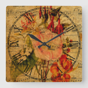 Horloge Carrée Feuille de musique victorienne Fond d'écran d'aqua
