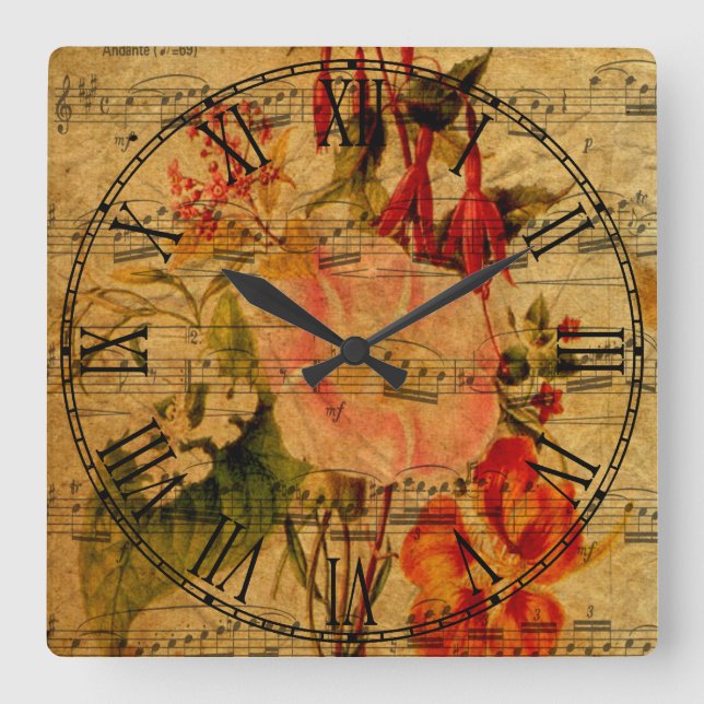 Horloge Carrée Feuille de musique victorienne Fond d'écran d'aqua (Recto)
