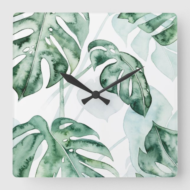 Horloge Carrée Feuille fendue de paume tropicale (Recto)