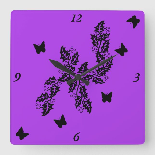 Horloge Carrée Feuille ivoire et papillon noir sur violet (Recto)