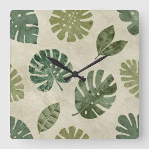 Horloge Carrée Feuille tropicale de Monstera aquarelle vintage sa