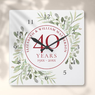 Horloge Carrée Feuilles Aquarelle Douce 40e Anniversaire