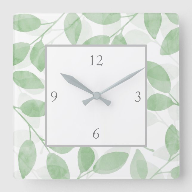 Horloge Carrée Feuilles d'aquarelle verte Sage (Recto)