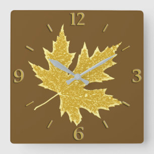 Horloge Carrée Feuilles de chêne - chameau tanné et brun