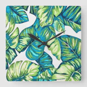 Horloge Carrée Feuilles de Monstera Tropical et Banana Blue Green