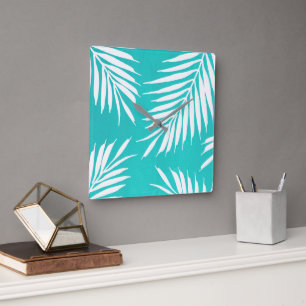 Horloge Carrée Feuilles de palme acrylique blanc turquoise