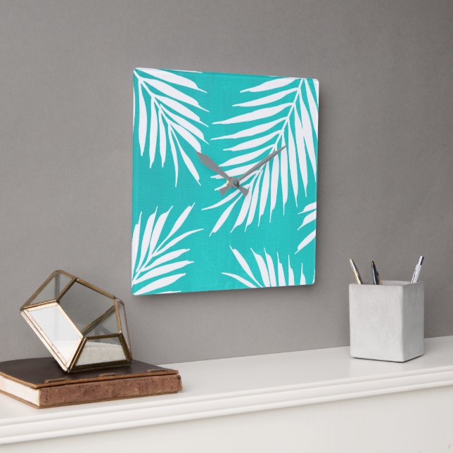 Horloge Carrée Feuilles de palme acrylique blanc turquoise (Bureau)