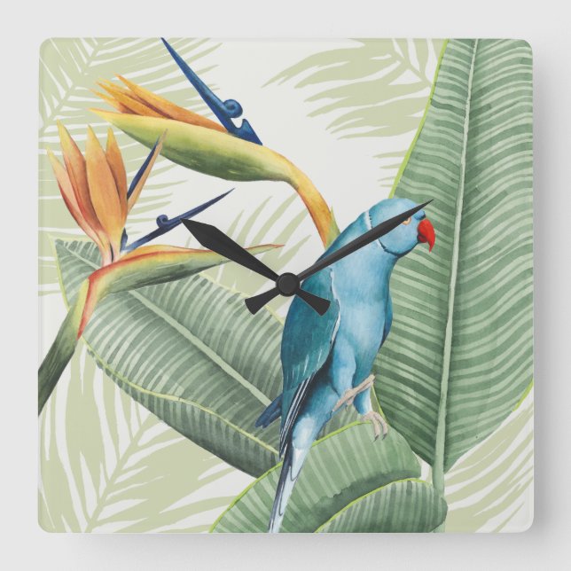 Horloge Carrée Feuilles De Palme Avec Oiseau Bleu (Recto)