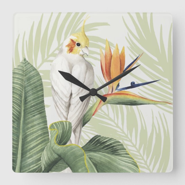 Horloge Carrée Feuilles De Palmiers Avec Oiseau Blanc (Recto)