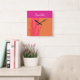 Horloge Carrée Feuilles De Verdure Rose Et Orange Chaud Personnal