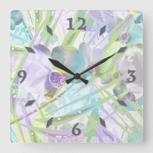 Horloge Carrée feuilles d'orchidées et de palmiers, tropicale