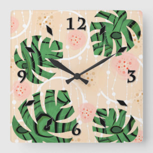 Horloge Carrée Feuilles Monstera sur rose.