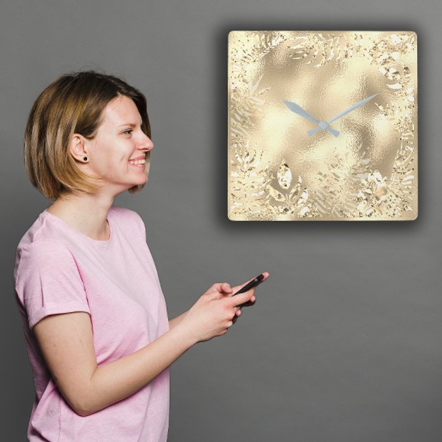 Horloge Carrée Feuilles tropicales d'or de Champaigne Botanique M (Champaigne Gold Tropical Leafs Botanical Metallic Square Wall Clock)