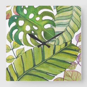 Horloge Carrée Feuilles Tropicaux En Aquarelle