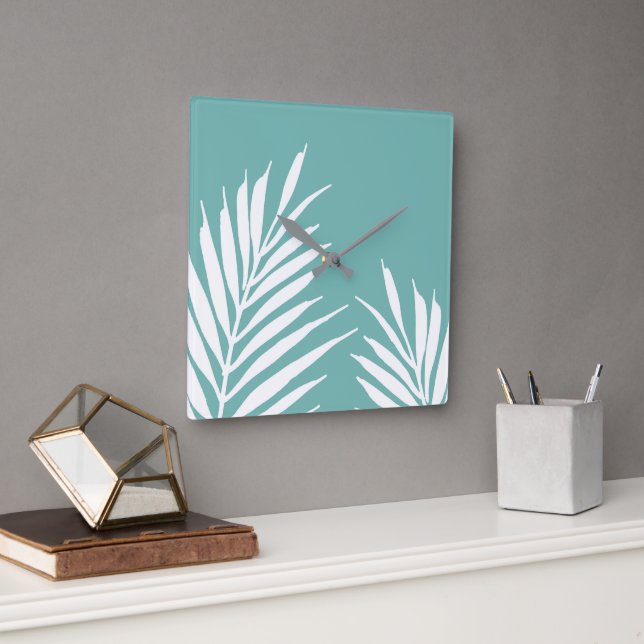 Horloge Carrée Feuilles Turquoises doux de palmier blanc (Bureau)