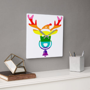 Horloge Carrée Fierté LGBTQ Rainbow Cute Reindeer Head Christmas