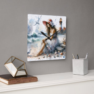 Horloge Carrée Fille aquarelle romantique près d'un phare