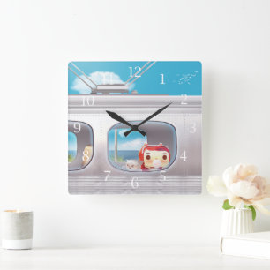 Horloge Carrée Fille avec chat regardant le train Fenêtre Sq