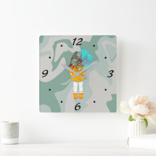 Horloge Carrée Fille avec parapluie dans le vent pluie verte