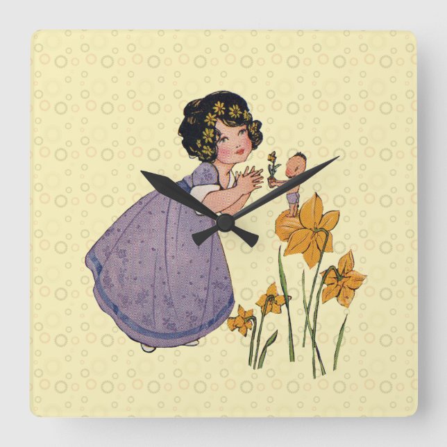 Horloge Carrée Fille Elf Fairy Daffodil Antique Pâques (Recto)