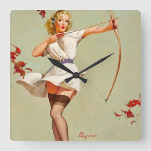 Horloge Carrée Fille pin-up de tir à l'arc