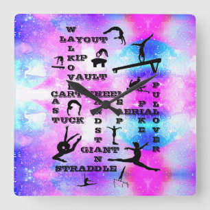 Horloge Carrée Filles Compétences en gymnastique Acrylique Mur Ho