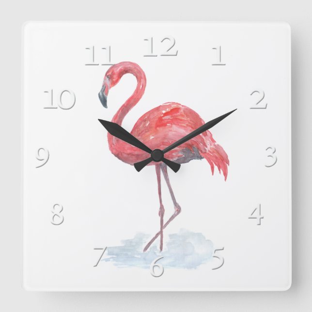 Horloge Carrée Flamant rose d'aquarelle rose. (Recto)