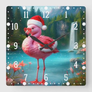 Horloge Carrée Flamant rose de Noël Comme Père Noël-47475