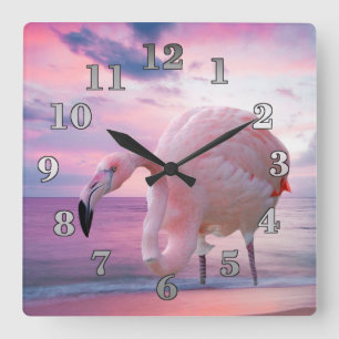 Horloge Carrée Flamant rose et ciel rose