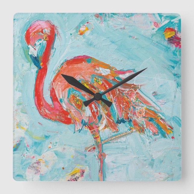Horloge Carrée Flamant rose lumineux (Recto)