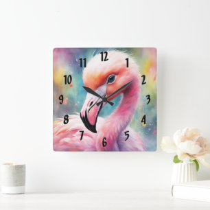 Horloge Carrée Flamant rose Rainbow Birds 2