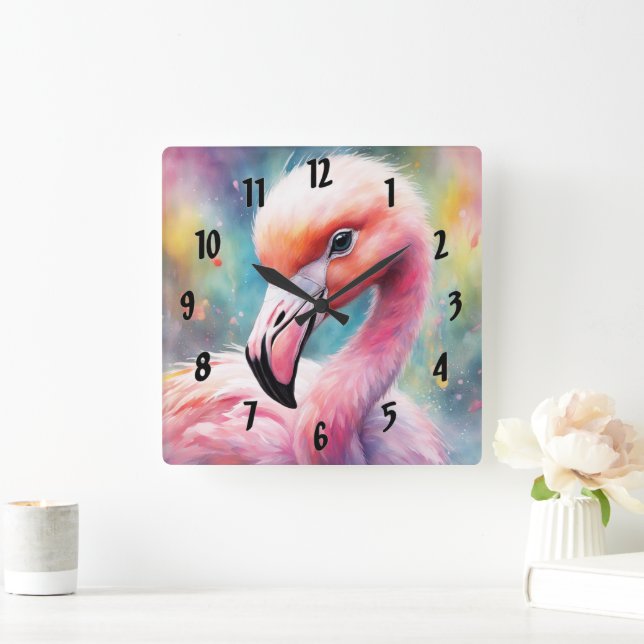 Horloge Carrée Flamant rose Rainbow Birds 2 (Maison)