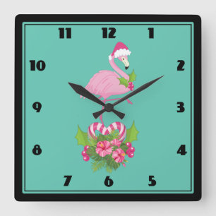 Horloge Carrée Flamant rose rose à Santa Hat Noël Whimsical