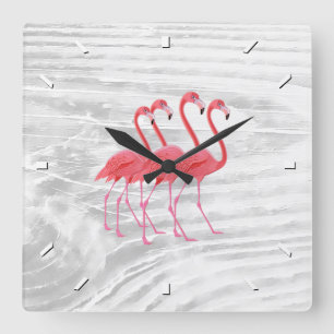 Horloge Carrée Flamant rose sur bois écrasé