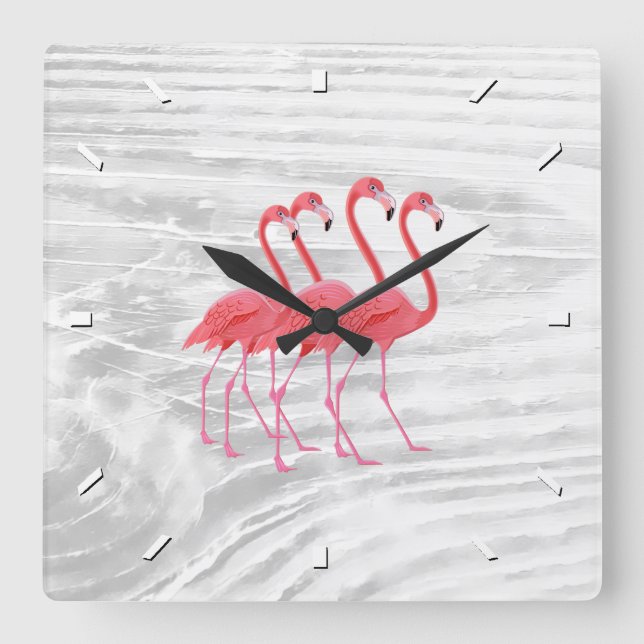 Horloge Carrée Flamant rose sur bois écrasé (Recto)