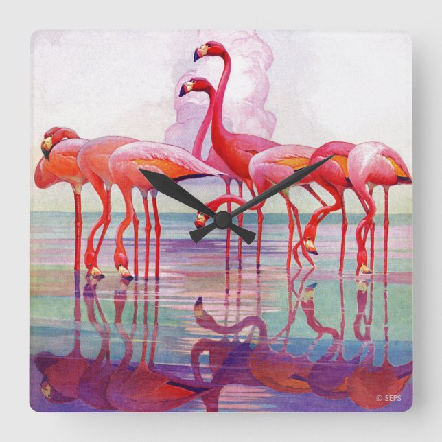 Horloge Carrée Flamants roses roses par Francis Lee Jacques (Recto)
